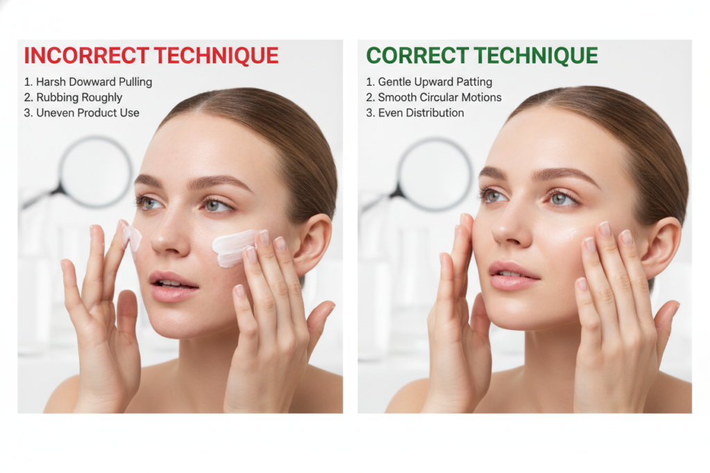 Split image showing wrong and right skincare application