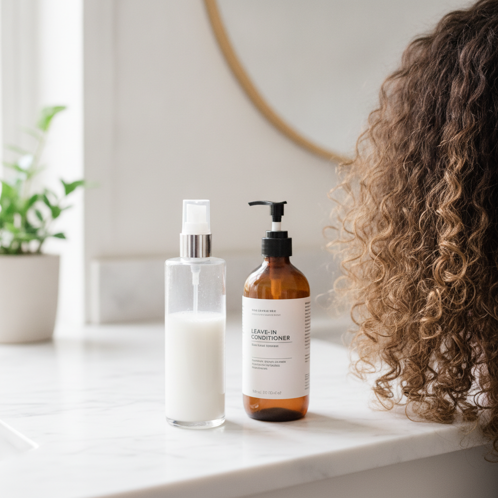 Spray bottle and leave-in conditioner for refreshing curls