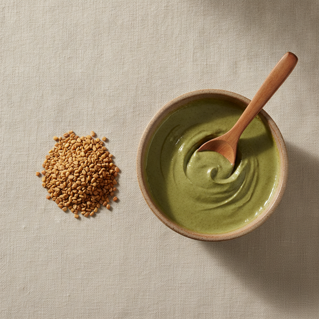Square Pinterest image of fenugreek seeds and a simple hair care bowl