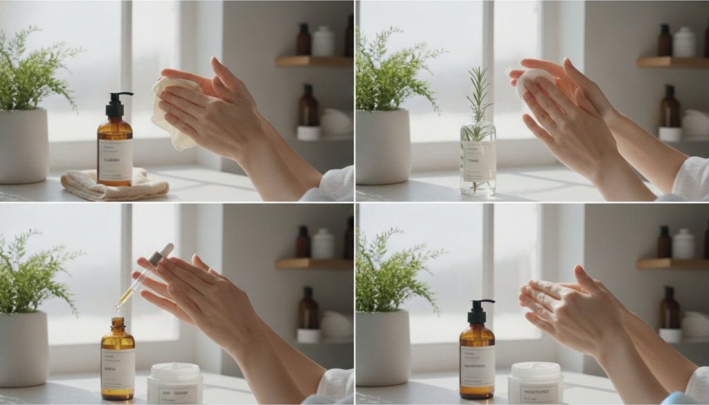 Step-by-step natural skincare routine demonstration