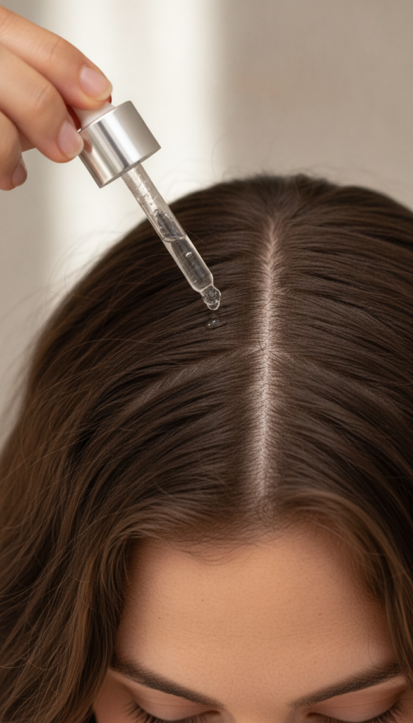 Step-by-step scalp serum application with hair parted into sections Step-by-step scalp serum application with hair parted into sections