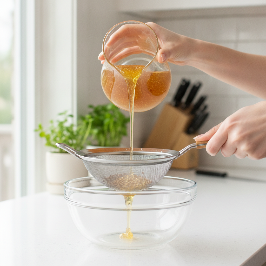 Straining homemade flaxseed gel Straining homemade flaxseed gel