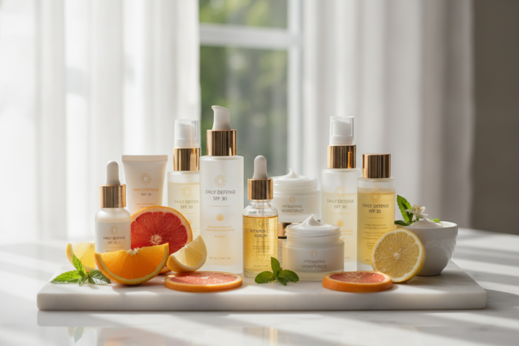 Summer skincare routine products arranged aesthetically Summer skincare routine products arranged aesthetically