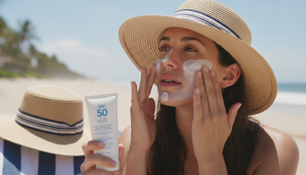 Sun protection demonstration with sunscreen application outdoors