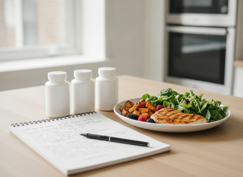 Supplement bottles and nutrition notes beside a healthy meal
