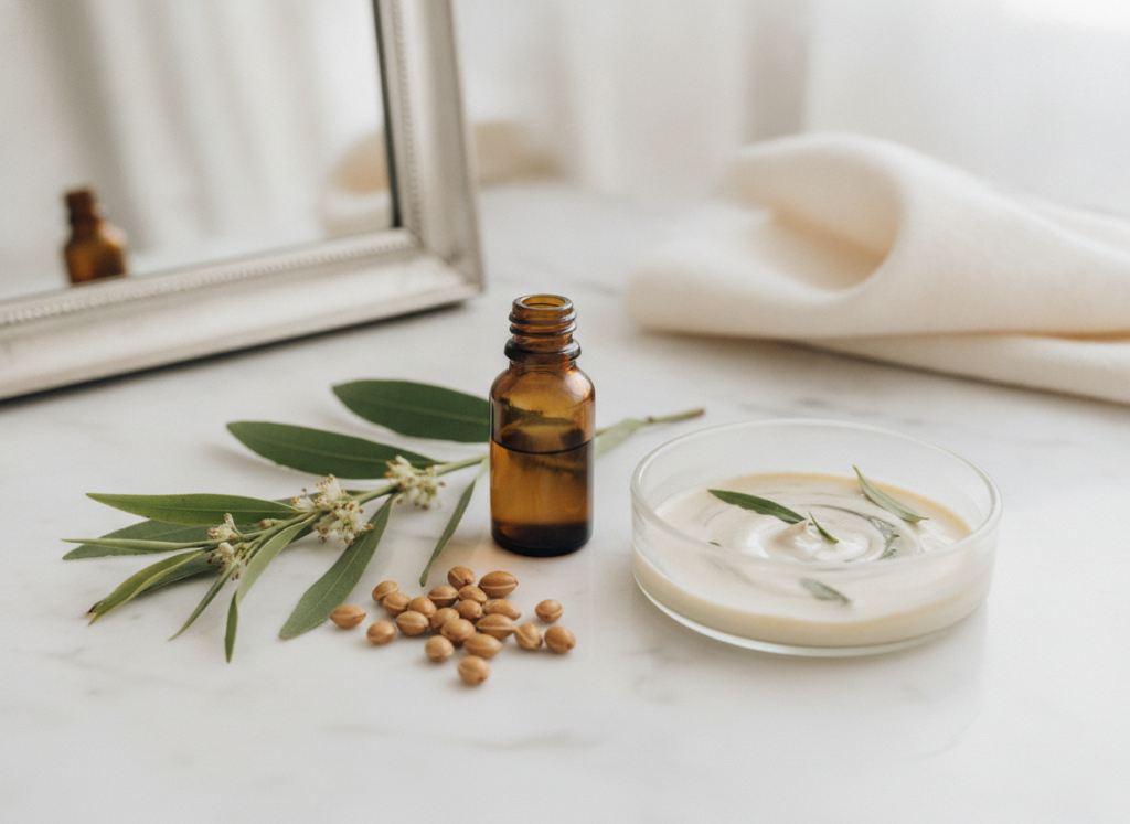 Tea tree and jojoba oils prepared for a careful scalp routine Tea tree and jojoba oils prepared for a careful scalp routine
