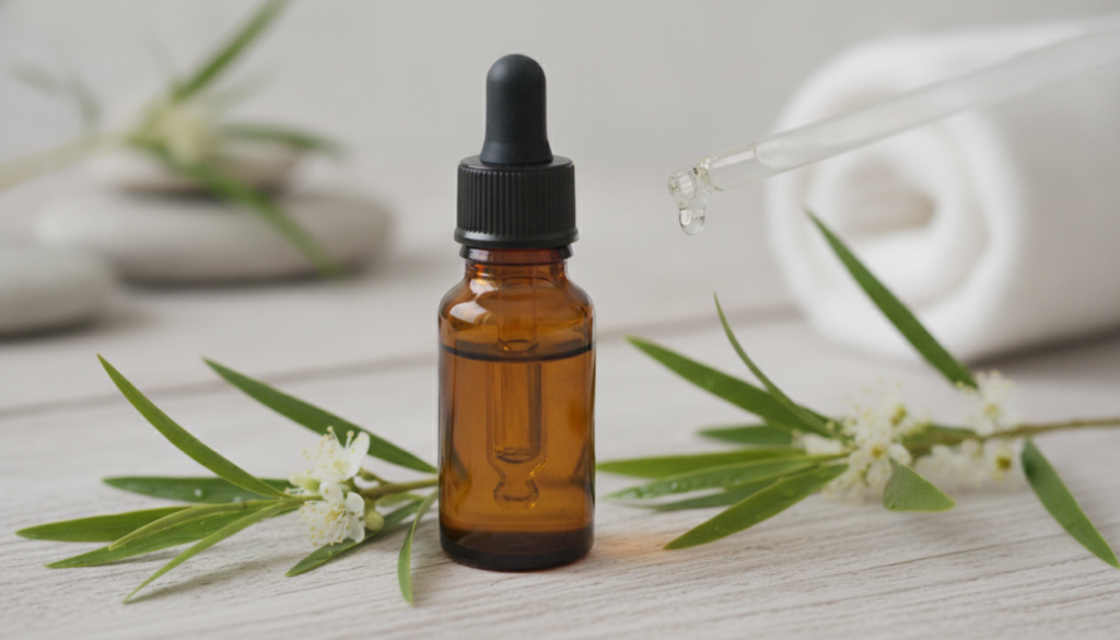 Tea tree essential oil bottle for acne treatment skin care home remedies