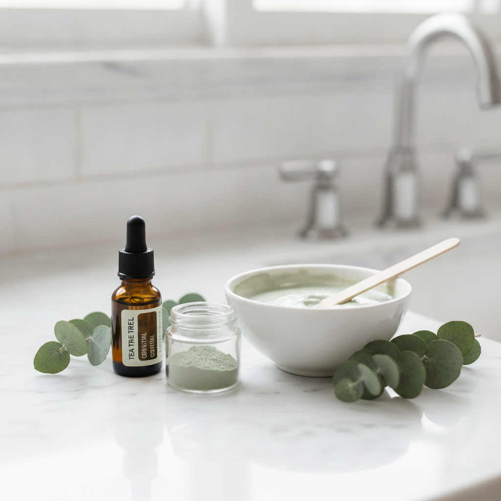 Tea tree oil and clay mask preparation with essential oil bottle Tea tree oil and clay mask preparation with essential oil bottle