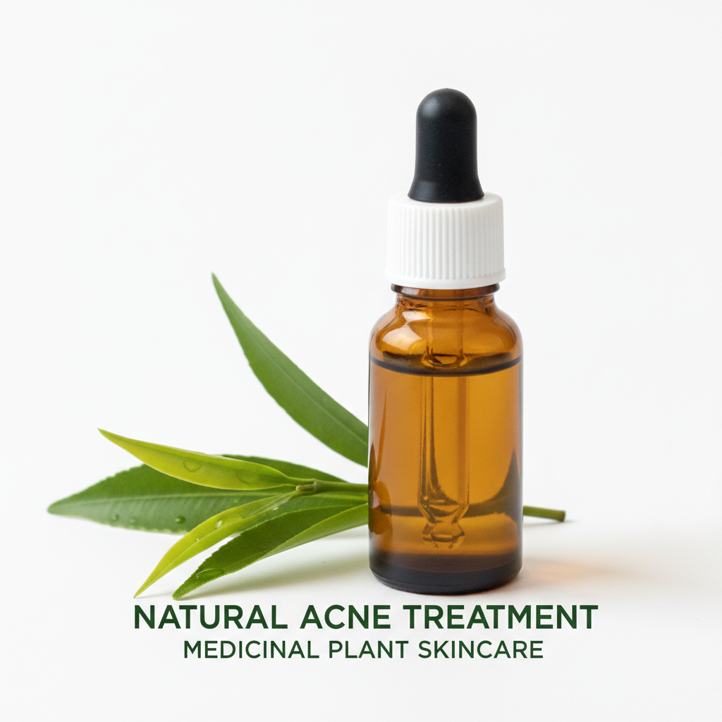 Tea tree oil bottle for natural acne treatment and clear skin