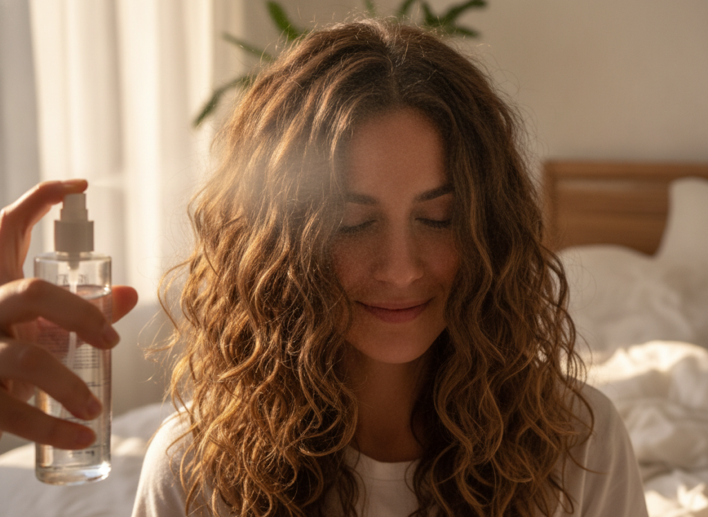 Texture spray adding volume to wavy hair