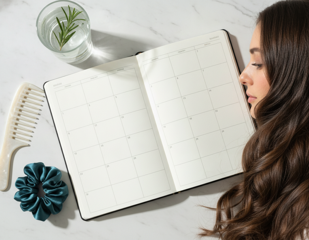 Thirty-day hair care routine planner with natural hair tools
