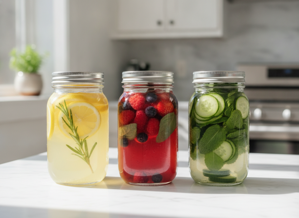 Three glass jars filled with different colored detox water recipes with fresh ingredients