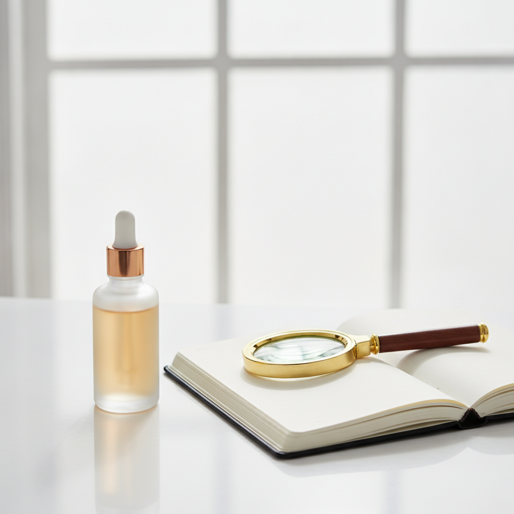 Topical hair-growth product beside a consultation notebook Topical hair-growth product beside a consultation notebook