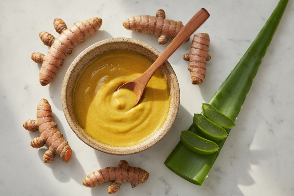 Turmeric and aloe vera face pack preparation
