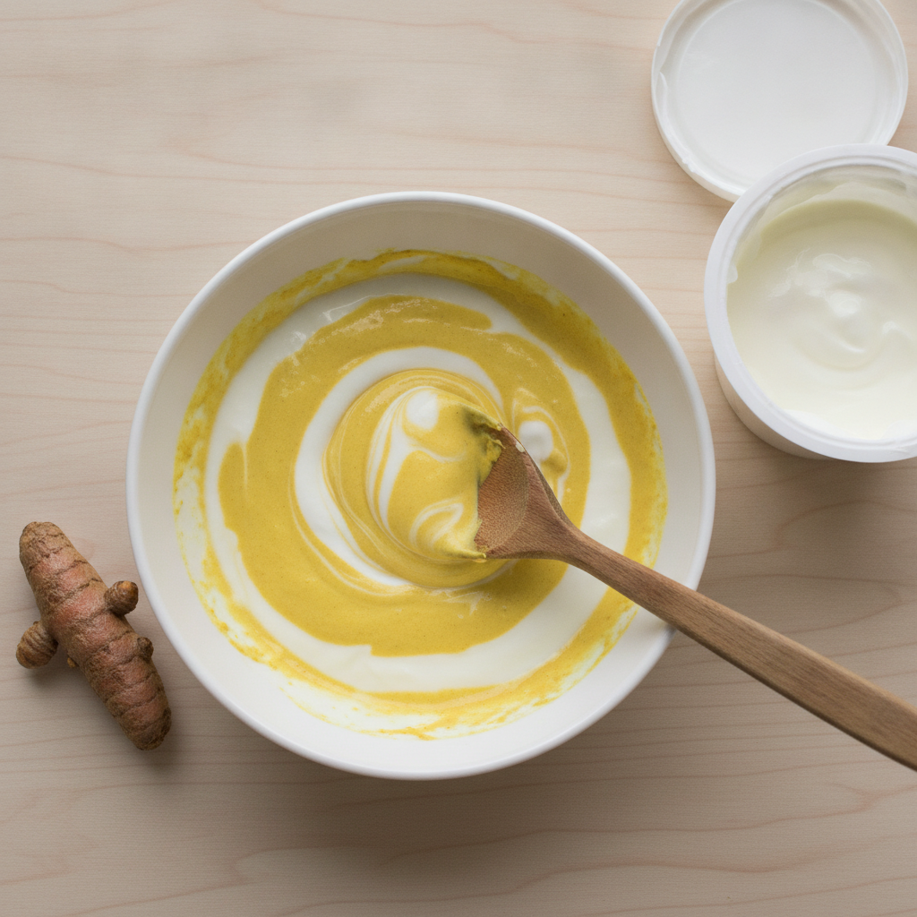 Turmeric and yogurt face mask in mixing bowl Turmeric and yogurt face mask in mixing bowl