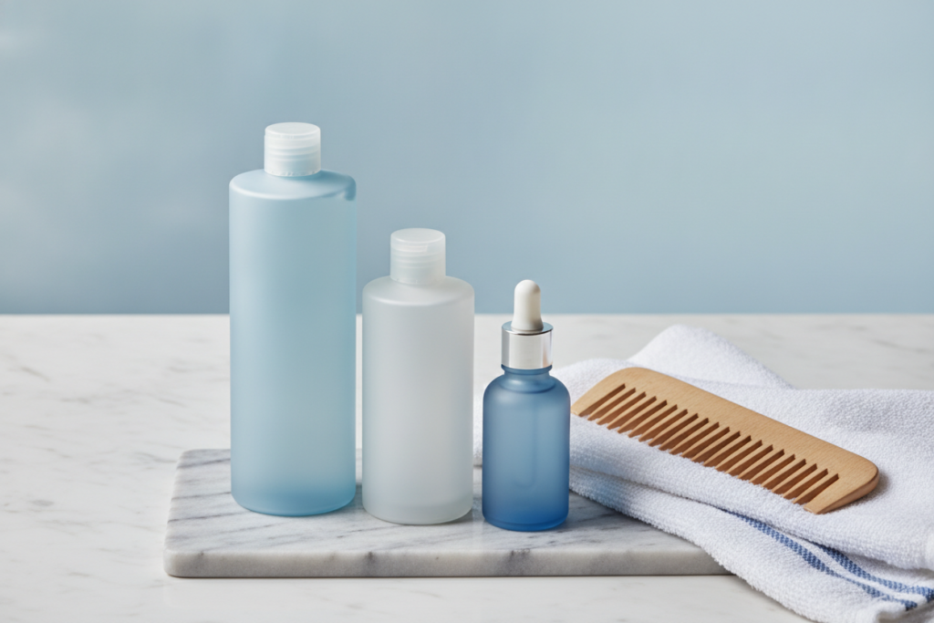 Unbranded hair-care bottles arranged beside a comb and towel