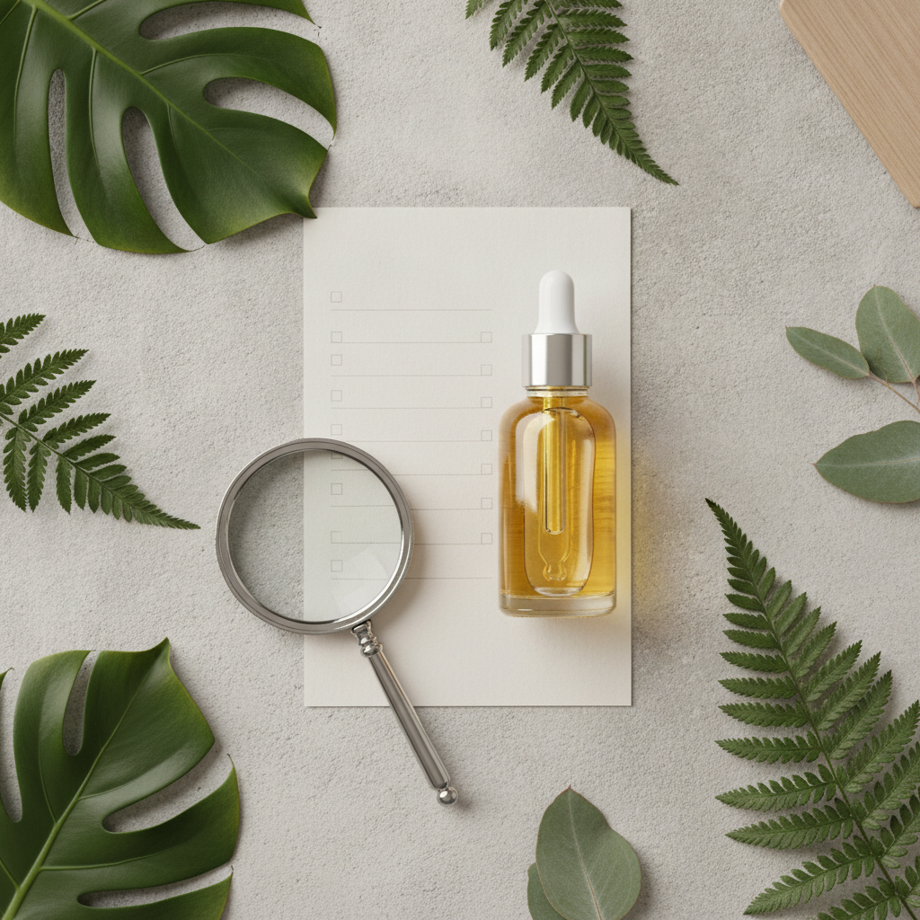 Unbranded hair care ingredients with a magnifying glass for label review Unbranded hair care ingredients with a magnifying glass for label review