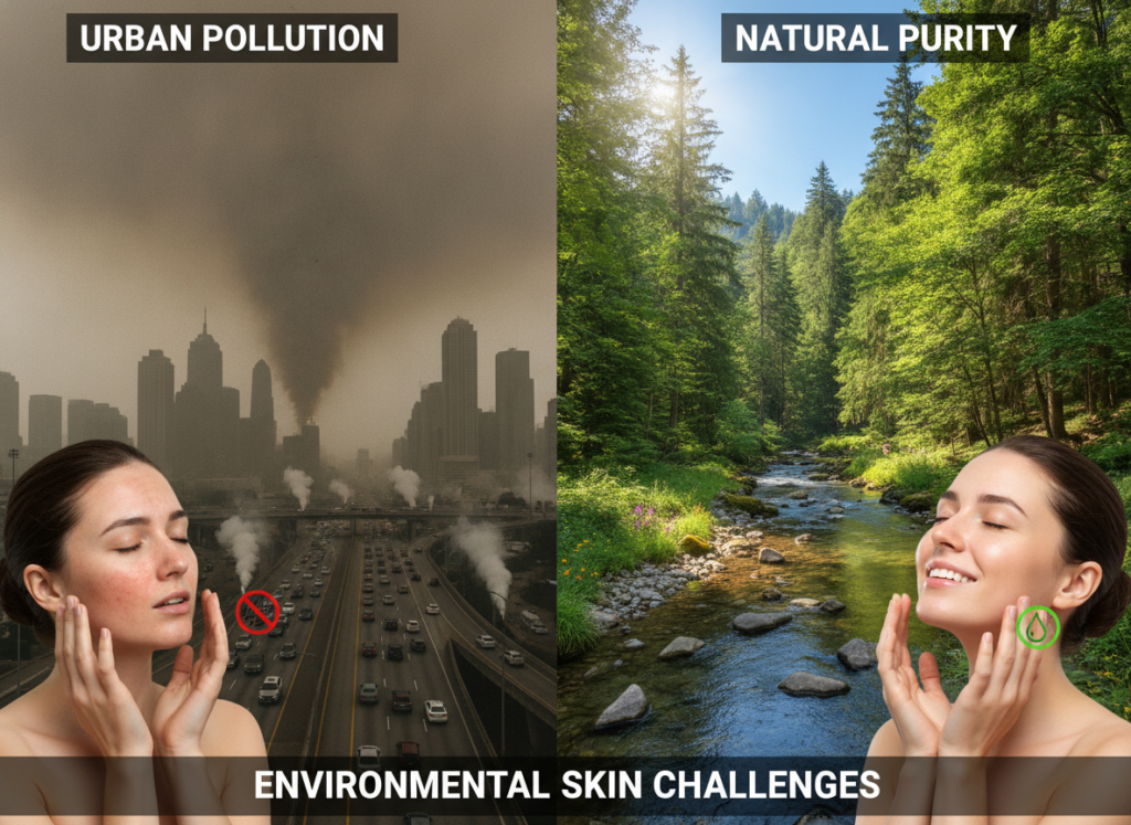 Urban environment showing pollution effects and skin protection needs