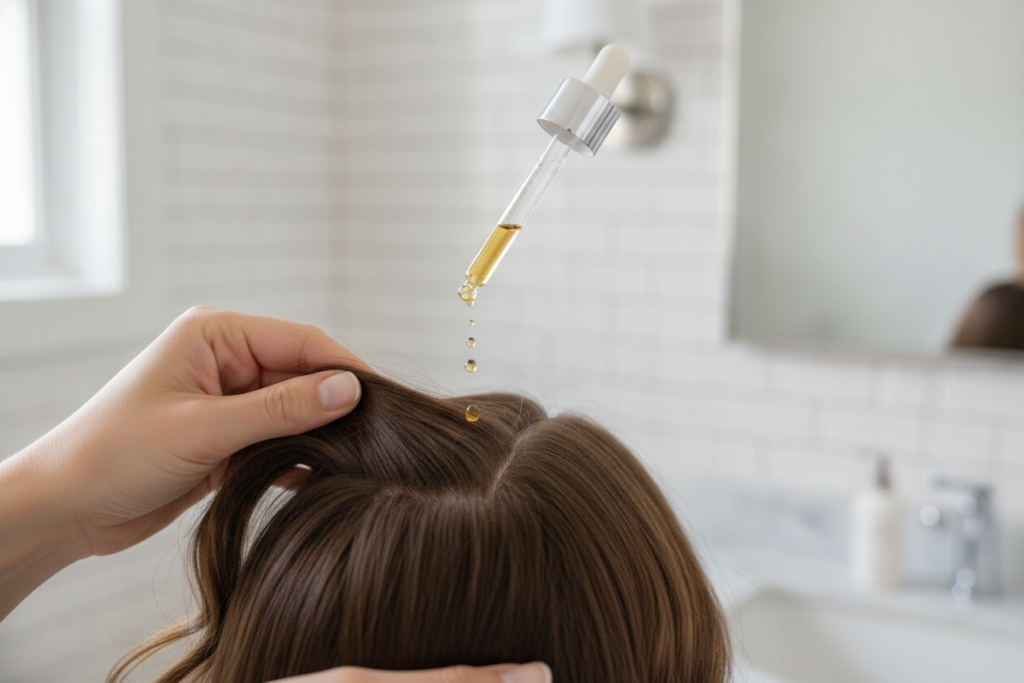 Using dropper to apply Hair Growth Tonic to a parted scalp
