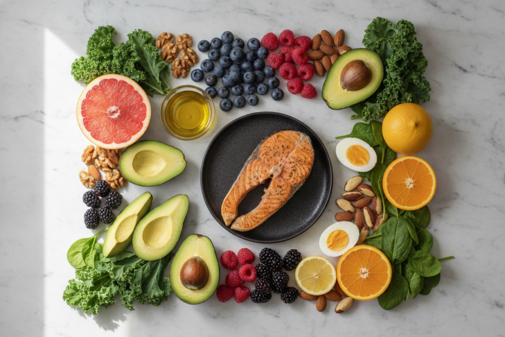 Variety of skin-healthy foods arranged beautifully Variety of skin-healthy foods arranged beautifully
