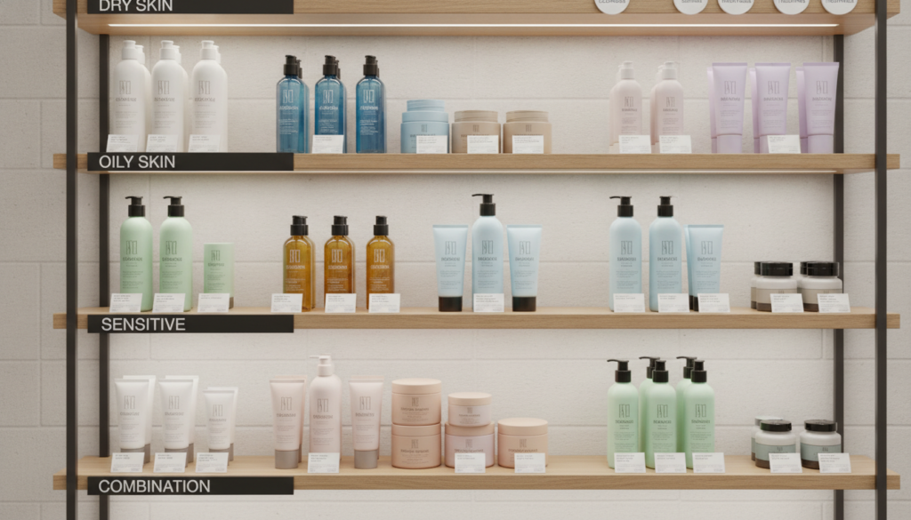Variety of skincare products organized by skin type and concern