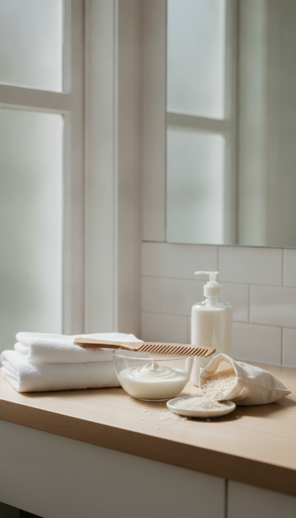 Vertical Pinterest-friendly rice water hair routine checklist scene Vertical Pinterest-friendly rice water hair routine checklist scene