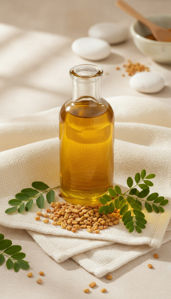 Vertical Pinterest image of fenugreek oil and seeds for hair care