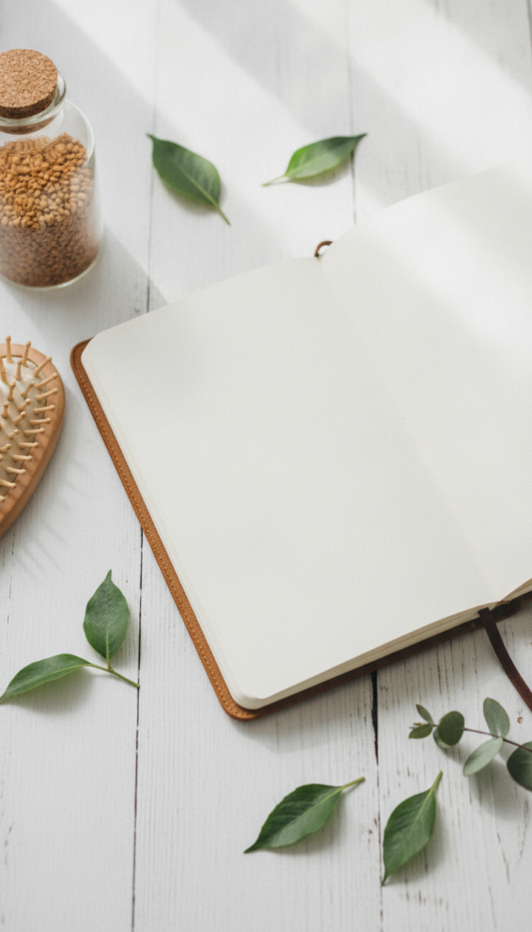 Vertical Pinterest-inspired hair care planning scene with fenugreek seeds