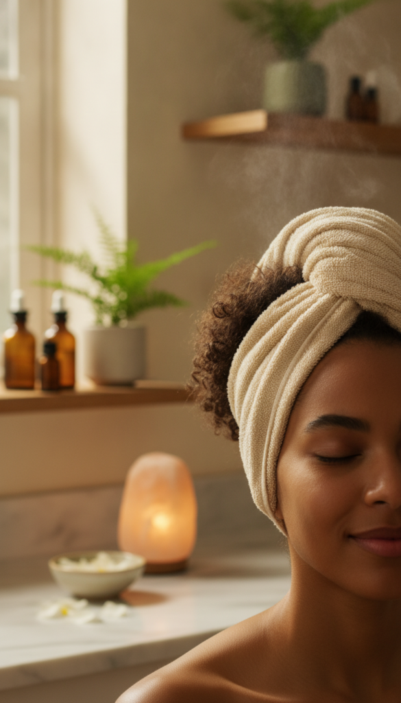 Warm towel treatment supporting moisture for curly hair