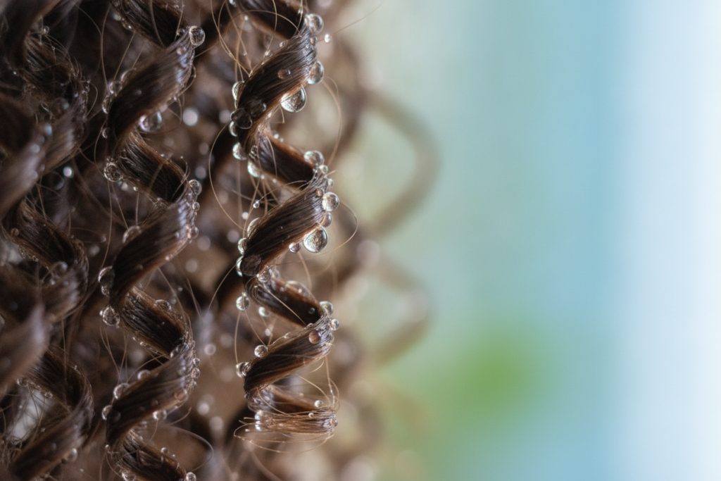 Water droplets resting on low porosity hair strands