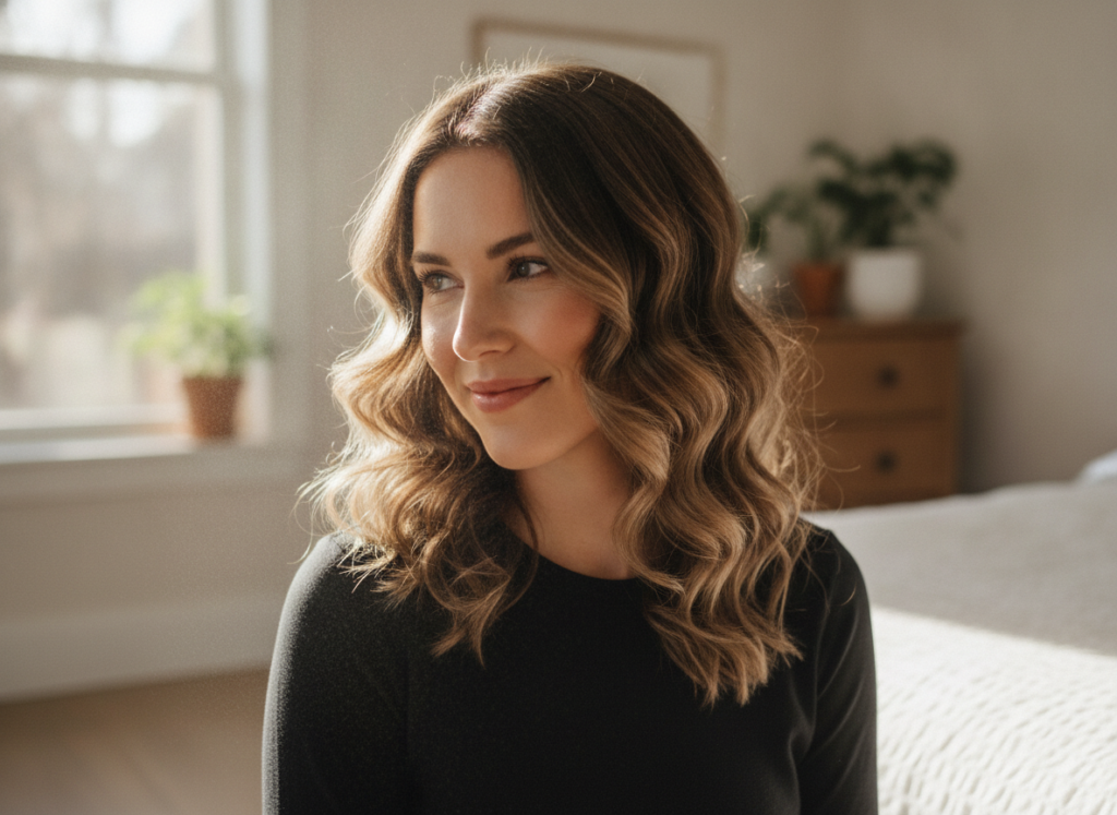 Wavy hair refreshed with styling spray