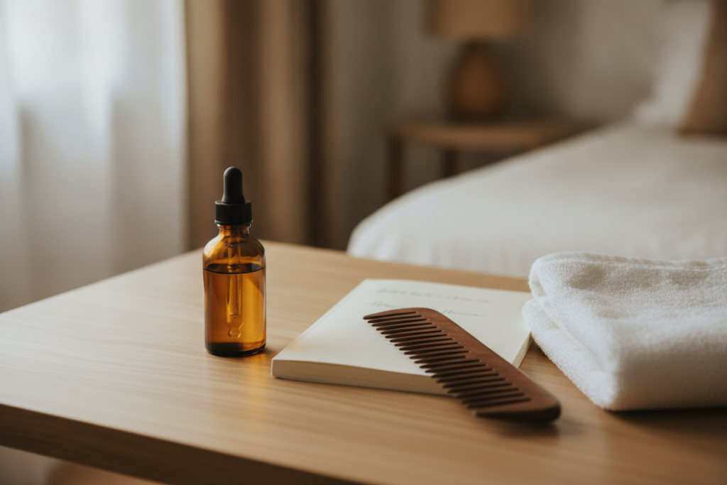 Weekly hair oil routine with journal and glass bottle