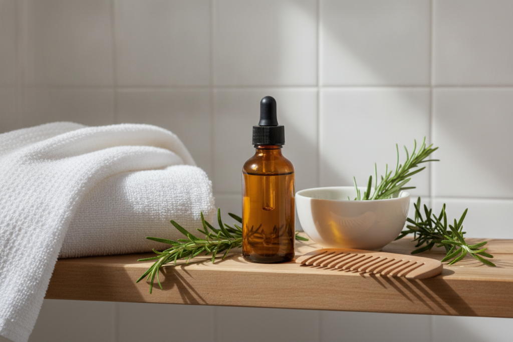 Weekly rosemary oil hair routine arranged on a bathroom shelf