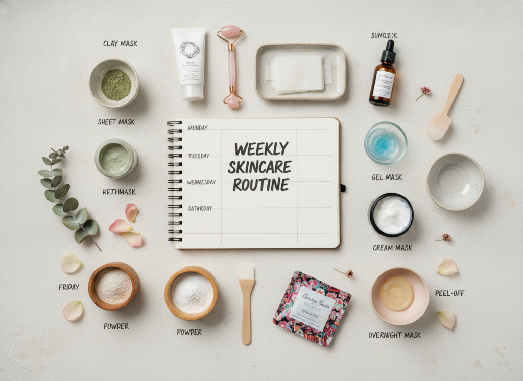 Weekly skincare routine planner with face mask products arranged by day Weekly skincare routine planner with face mask products arranged by day
