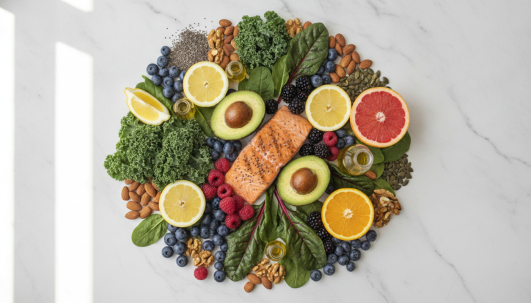 What to Eat for Healthy Skin colorful array of fresh fruits vegetables and healthy fats