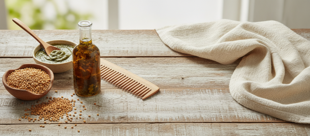 Wide natural hair care scene featuring fenugreek ingredients