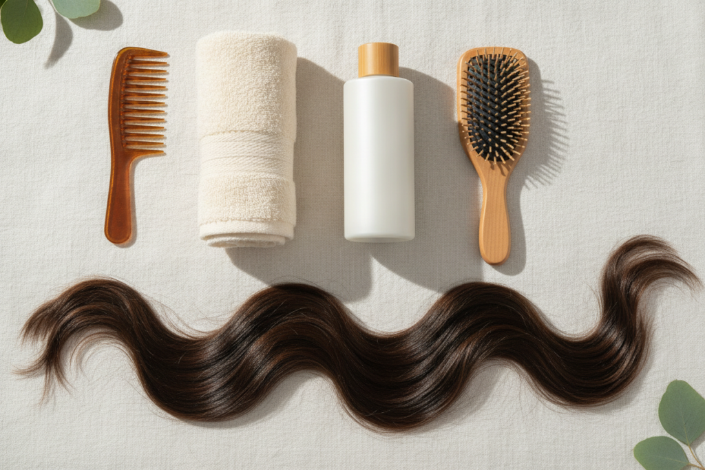 Wide-tooth comb and gentle hair-care tools beside healthy hair Wide-tooth comb and gentle hair-care tools beside healthy hair