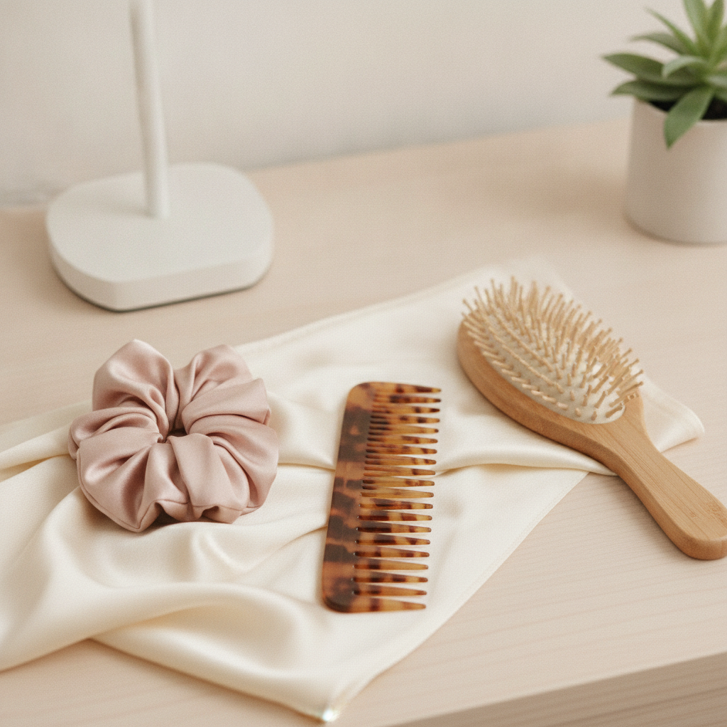 Wide-tooth comb and soft hair accessories for gentle care