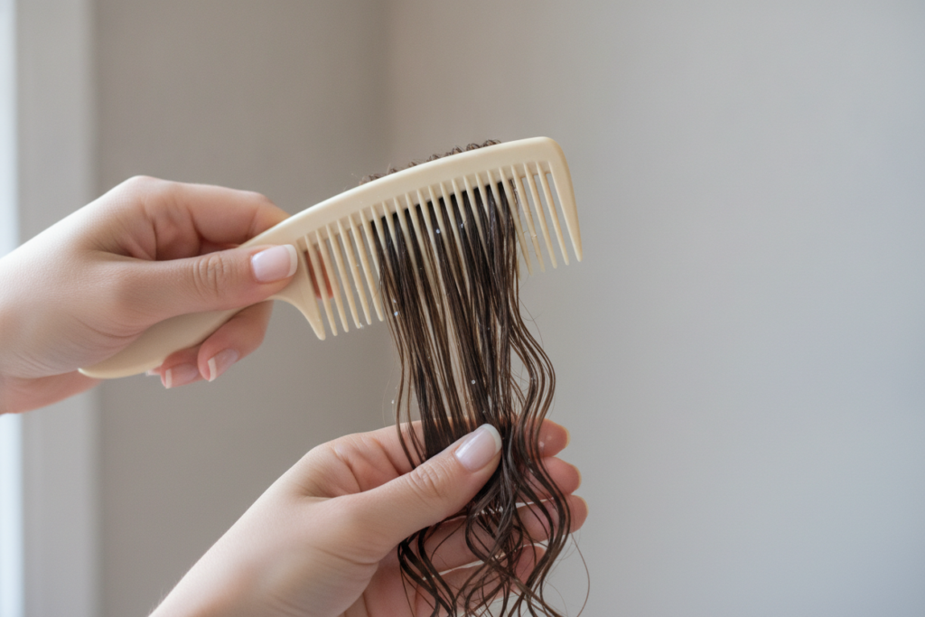 Wide-tooth comb detangling hair ends gently