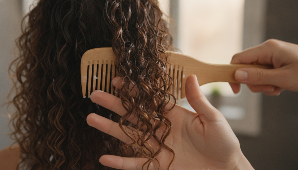 Wide-tooth comb gently detangling curly hair