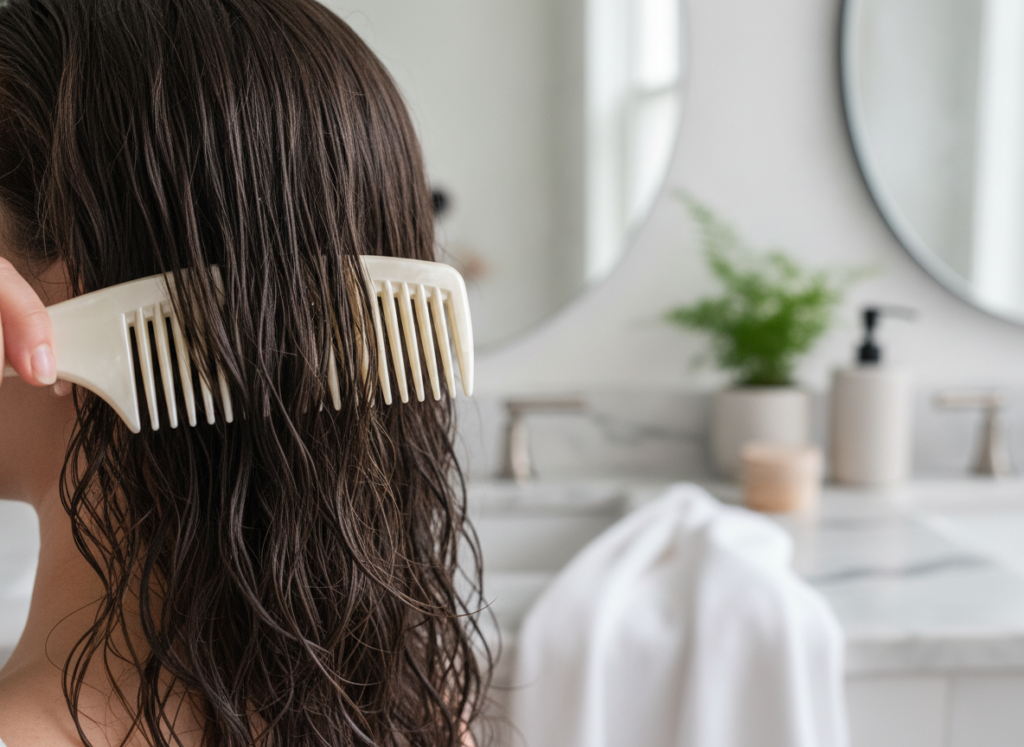 Wide-tooth comb used for gentle hair care Wide-tooth comb used for gentle hair care