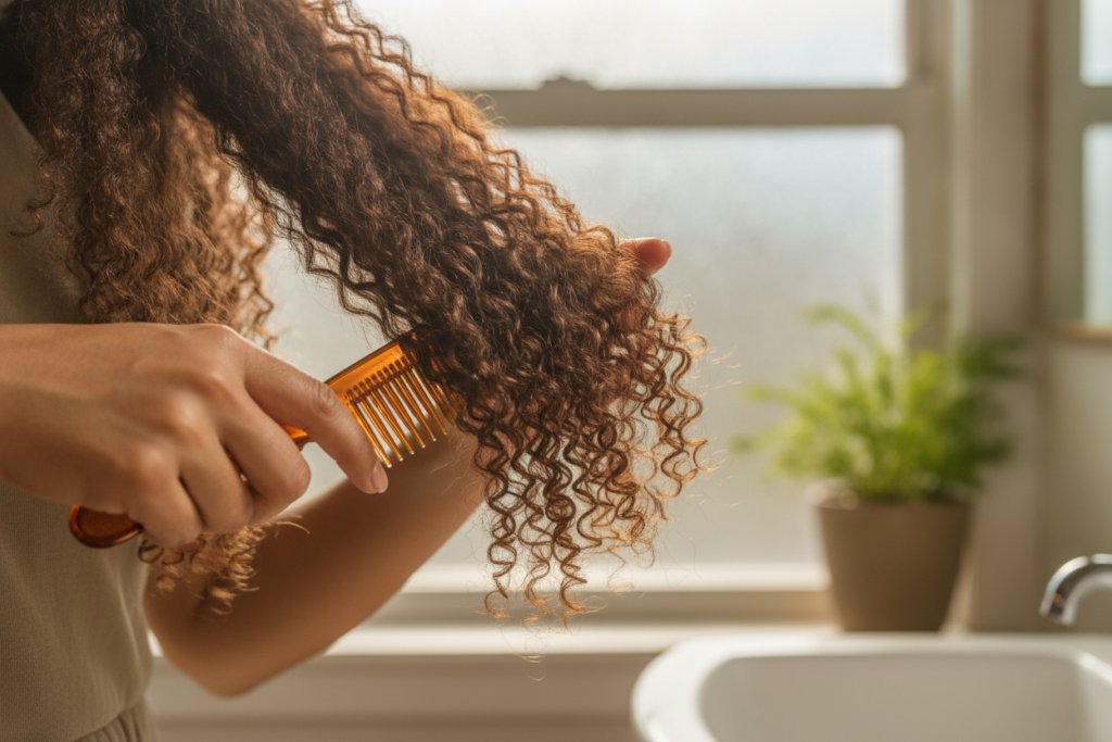 Wide-tooth comb used gently on conditioned textured hair Wide-tooth comb used gently on conditioned textured hair