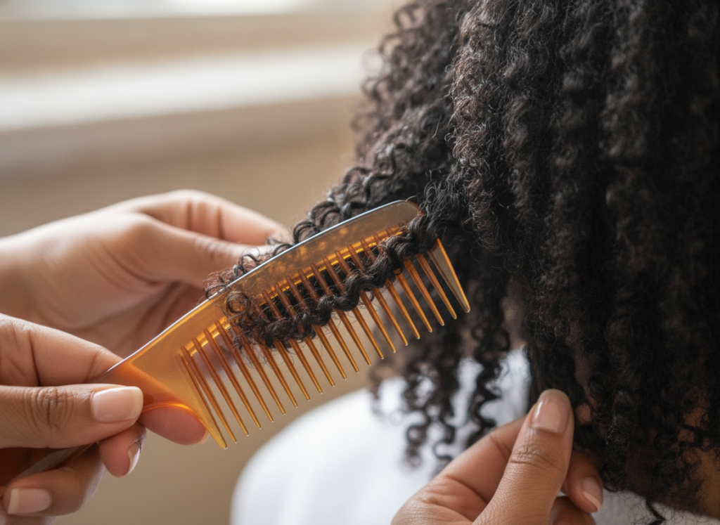 Wide-tooth comb used to detangle coily hair in sections Wide-tooth comb used to detangle coily hair in sections