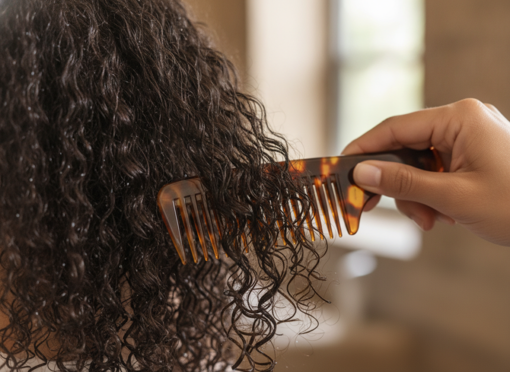 Wide-tooth comb used to reduce hair breakage