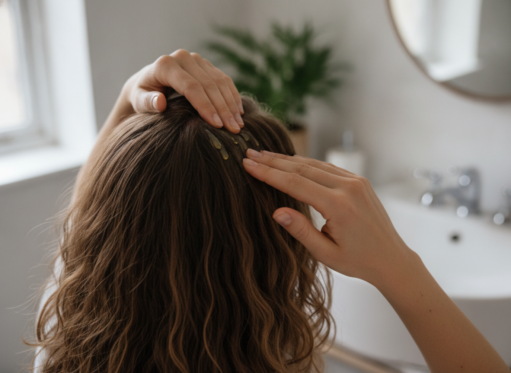 Woman applying a small amount of oil to her scalp Woman applying a small amount of oil to her scalp