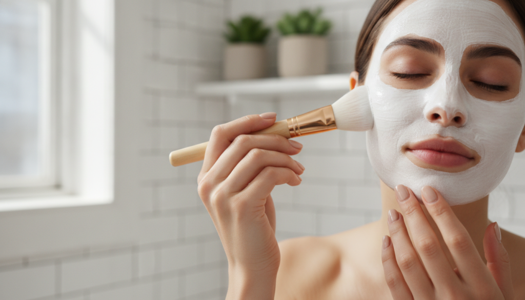 Woman applying face mask with brush