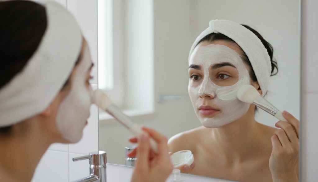 Woman applying face mask with brush showing proper technique Woman applying face mask with brush showing proper technique