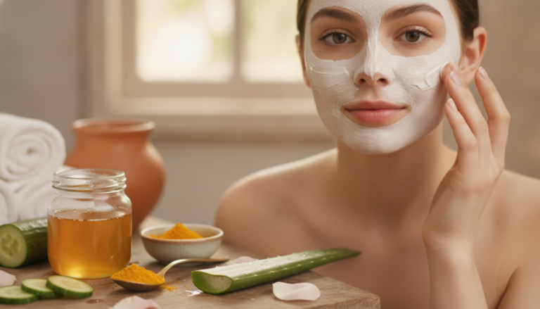 Woman applying face pack for clear skin with natural ingredients