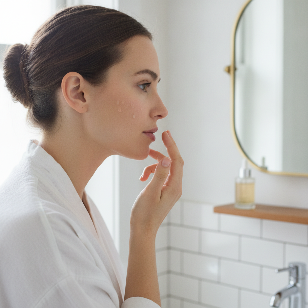 Woman applying facial serum in morning skincare routine