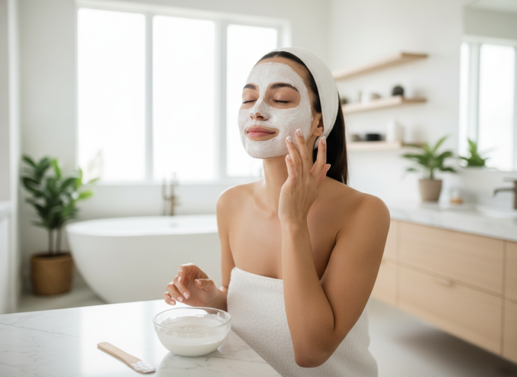 Woman applying homemade natural face mask in bathroom